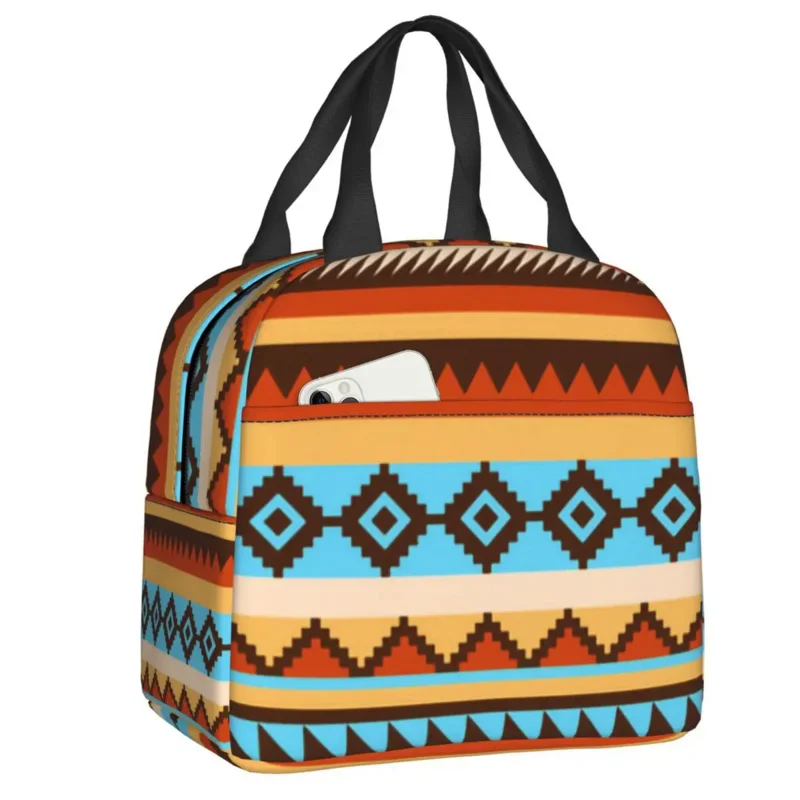 

Bohemian Stripe Ethnic Indian Pattern Insulated Lunch Tote Bag for Boho Portable Thermal Cooler Bento Box Outdoor Camping Travel