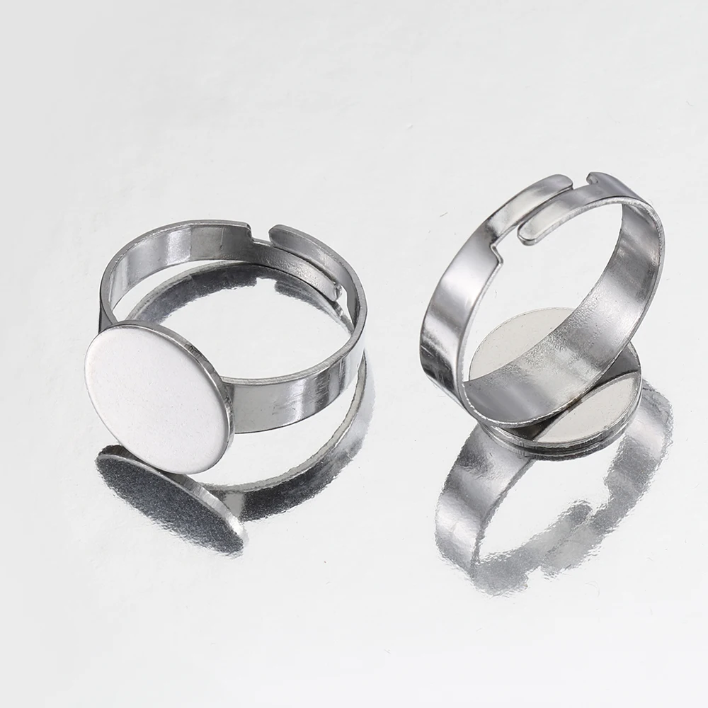 Set of 10 Stainless Steel Adjustable Ring Settings with Round Bezel Blanks