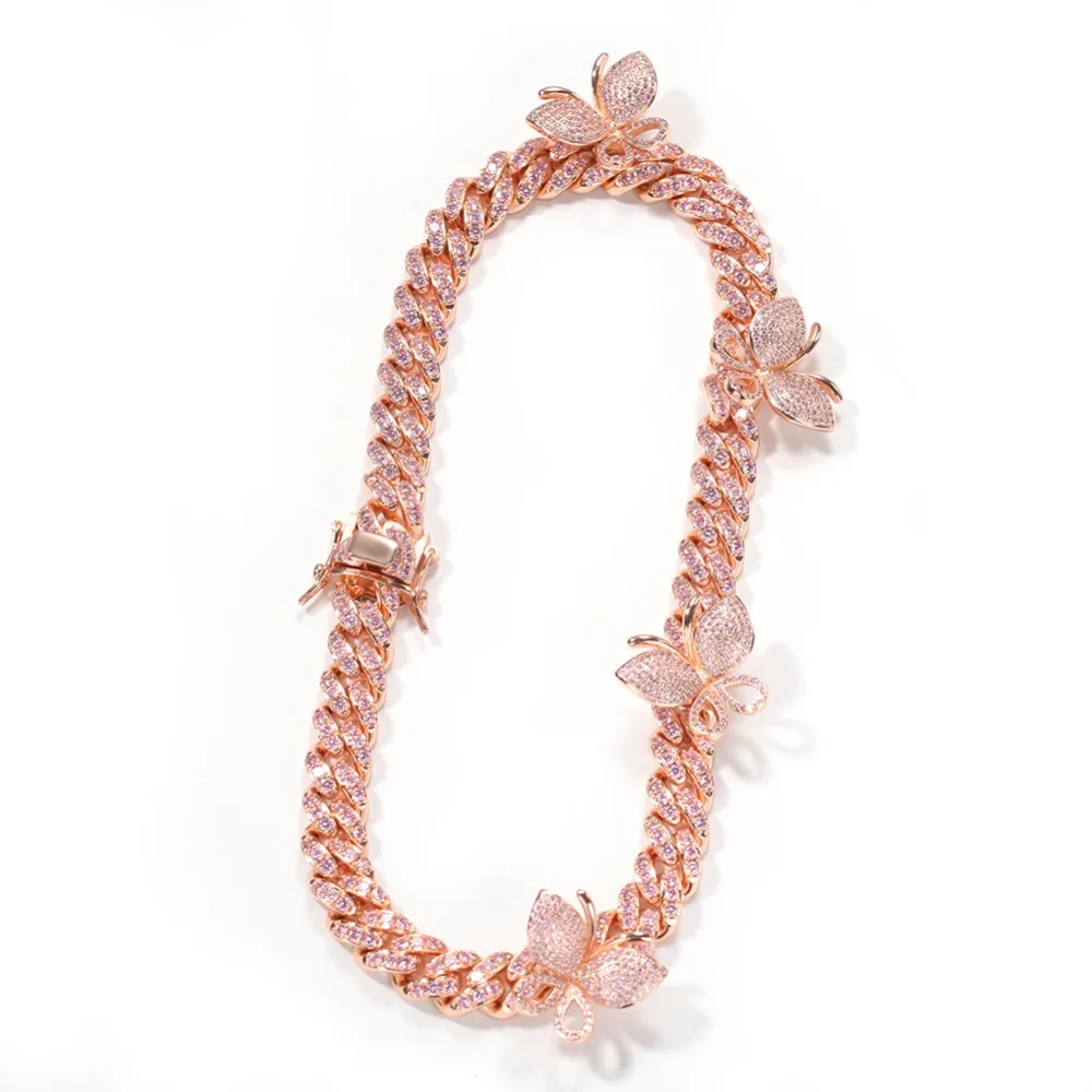 Uwin 12mm Rotate Butterfly Cuban Chain Two Tone Miami Link Iced Out Pave Setting Bling Necklace Women Accessories Jewelry