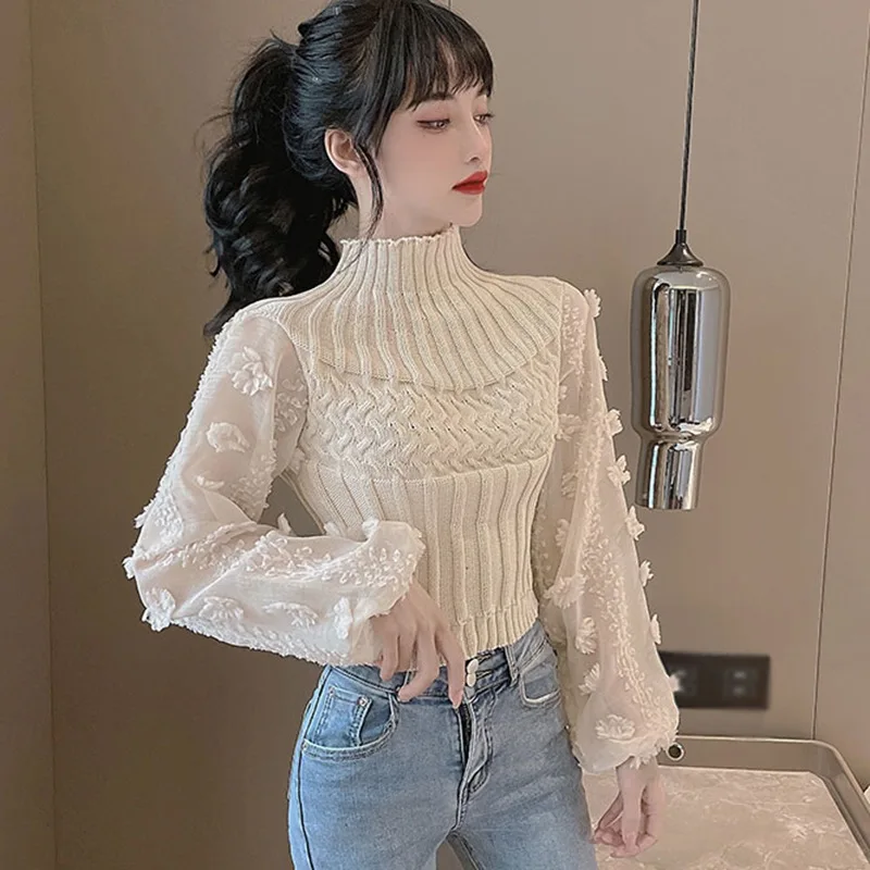 

Women's Round Neck Lace Mesh Spliced Sweaters Thin Solid Color Knitted Long Sleeve Jumpers Spring Female Clothing