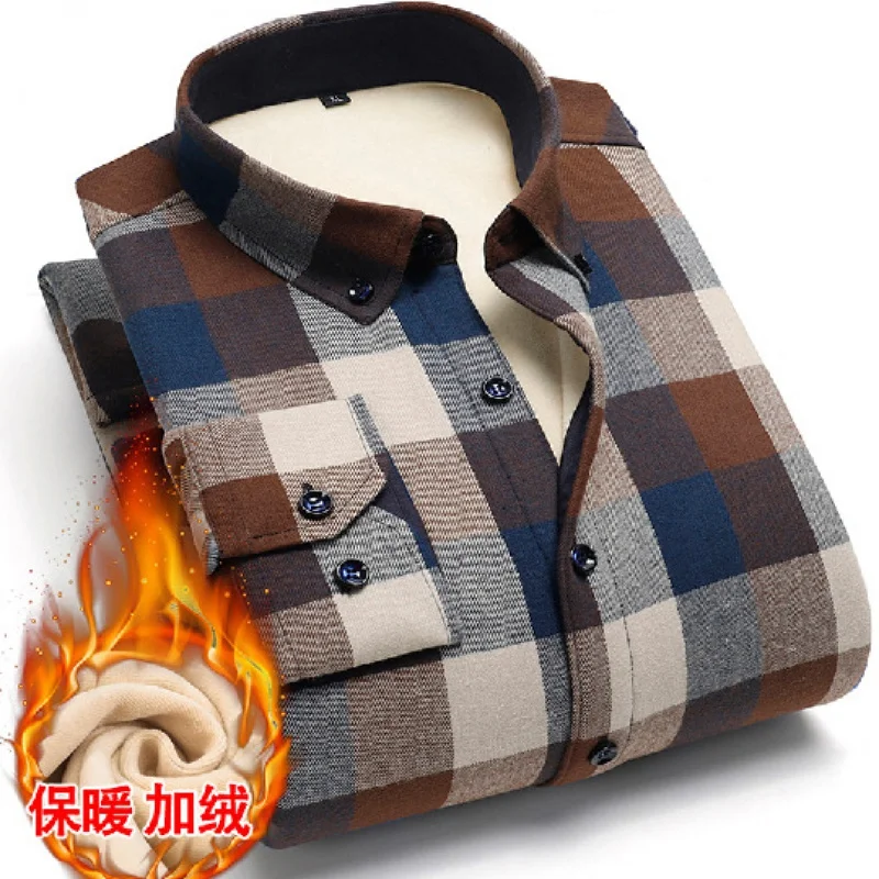 

Новинка, мужская хлопковая клетчатая теплая рубашка большого размера, утепленная осенне-зимняя рубашка с флисовой подкладкой для мужчин среднего и пожилого возраста, оптовая продажа, De