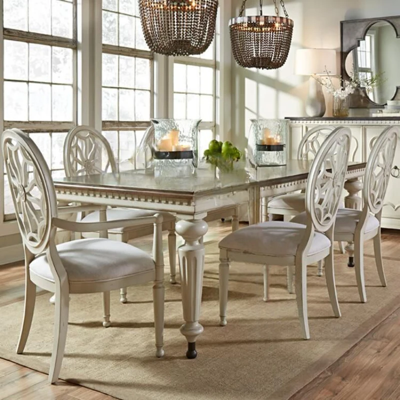 

French Vintage Solid Wood Old Dining Table European Neoclassical Long Table American Light Luxury Living Room Table and Chair