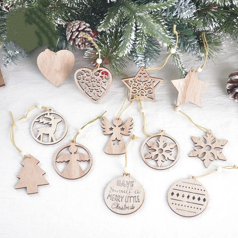 12Pcs Christmas Wooden Hollow Hanging Decoration Christmas Snowflake Elk Pentagram Hanging Decor Home Holiday Christmas Decor