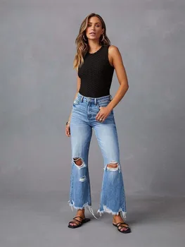 Autumn Women's Clothing Plus Size Ripped Washed Wide Leg Jeans Denim Cotton Mid Waist Streetwear Casual Long Pants