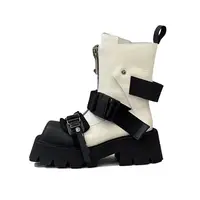 2025 Women Top Layer Cowhide Female Square Toe Western Front Zipper Color Matching Thick Bottom Belt Buckle Booties Chelsea - Image 5