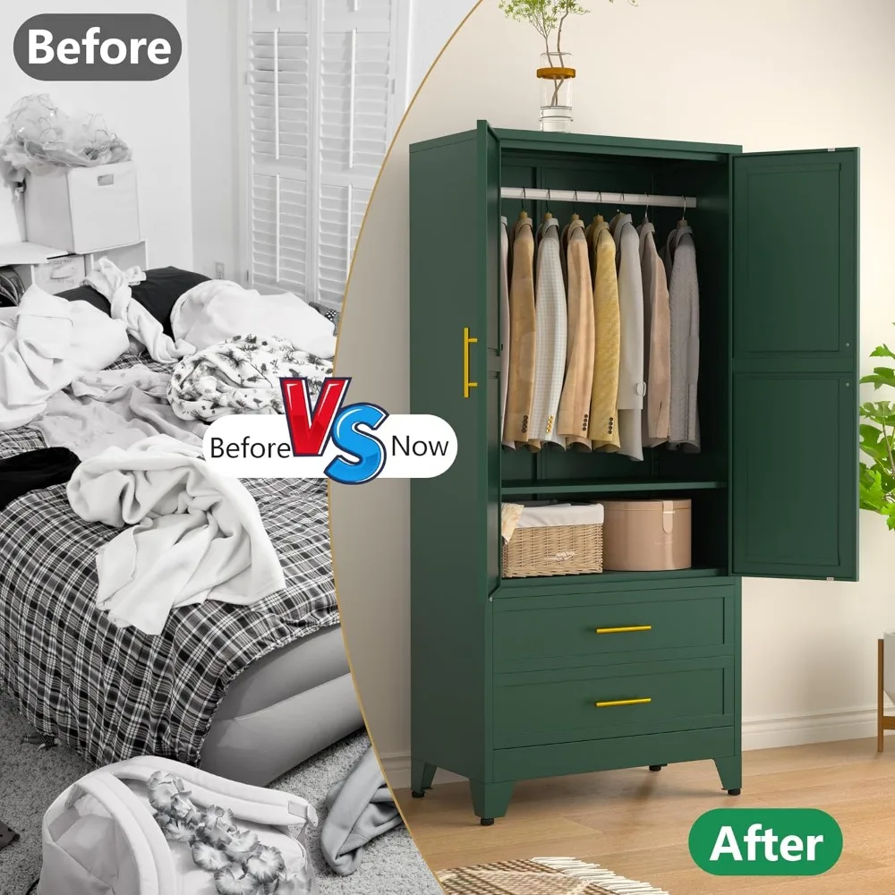 Metal Armoire Wardrobe Closet, Clothing Storage Cabinet with Hanging Rods and 2 Drawers, Household Closet Organizers 6
