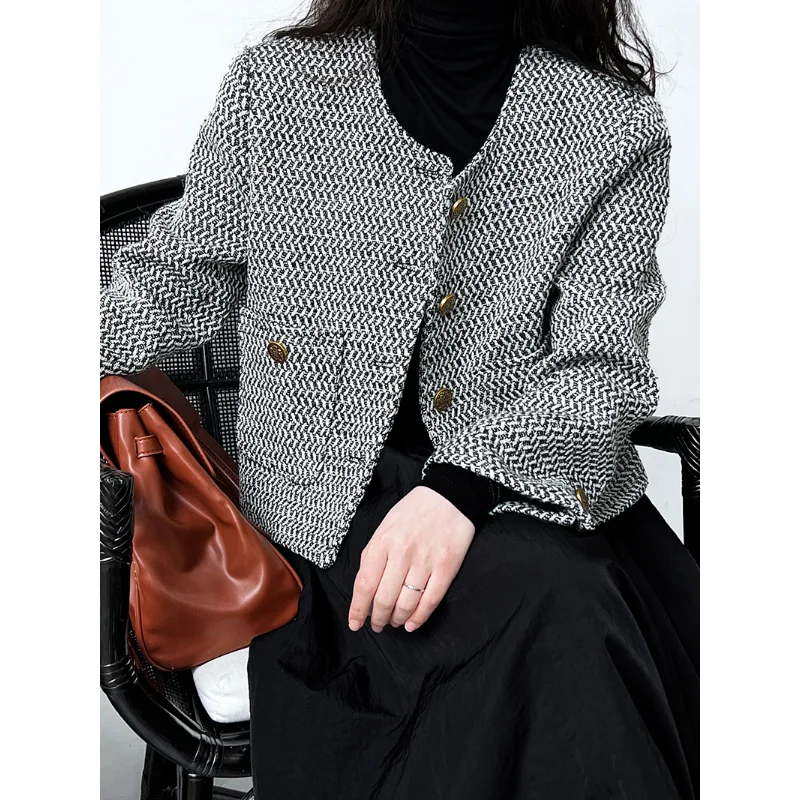 Women Casual Basic Chic Tweed Small Fragrance Coat Autumn New Long-sleeved Round Neck Simple Korea Short Lady Woven Jacket 1687