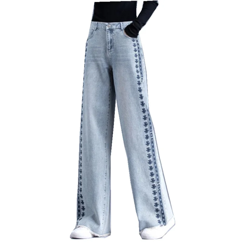 

Wide Leg Pants Jeans Women's Spring Summer Embroidered Denim High Waist Large Sze Trousers Straight Female Big Yards
