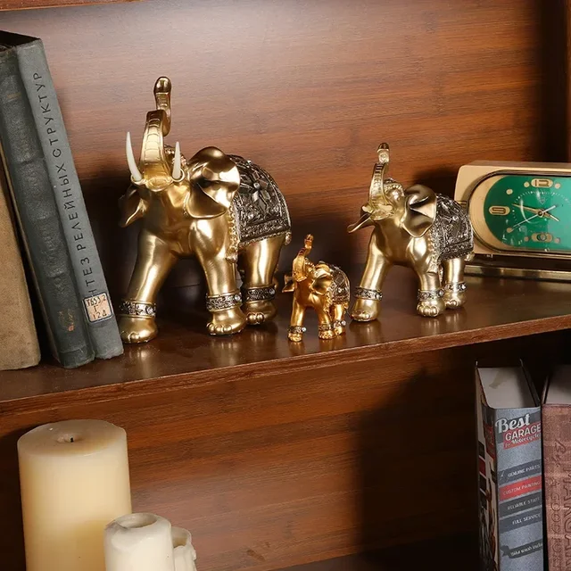 Statue d'éléphant en résine dorée, Feng Shui, élégante sculpture de tronc d'éléphant, figurine de richesse chanceuse, ornements d'artisanat pour la décoration intérieure 5