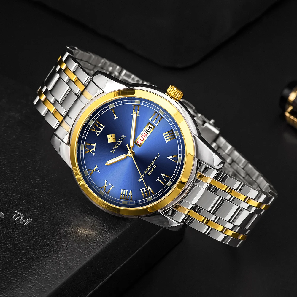 WWOOR 2024 New Men Watches Stainless Steel Waterproof Men Quartz Wristwatches Luxury Business Male Clock Gift Watch Reloj Hombre