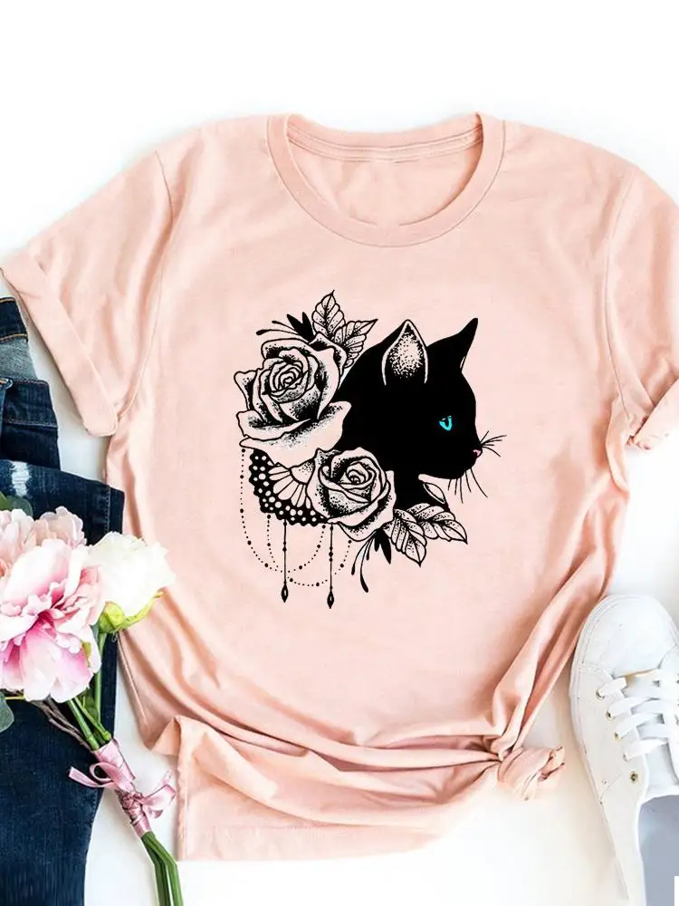 Zampa Fiore Floreale Cane Gatto Amore T-shirt grafica Donna T-shirt basic T-shirt con stampa di moda Manica corta Abbigliamento da donna Top81_voghion.com