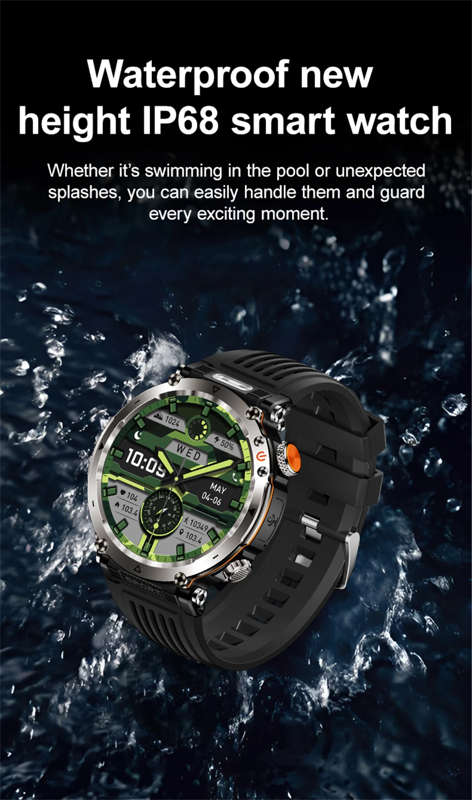 New 600 mAh Battery Smart Watch Men's 1.7 inch Outdoor Sports IP68 Waterproof Watches BT Calling with LED Flashlight Smartwatch
