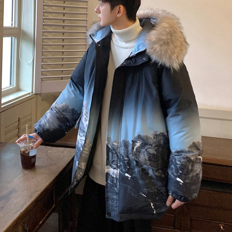 Oversized Men's 2023 Winter Warm Hooded Duck Down Jackets Outdoor Fur Collar Puffer Coat Streetwear Loose Snow Thick Down Parkas