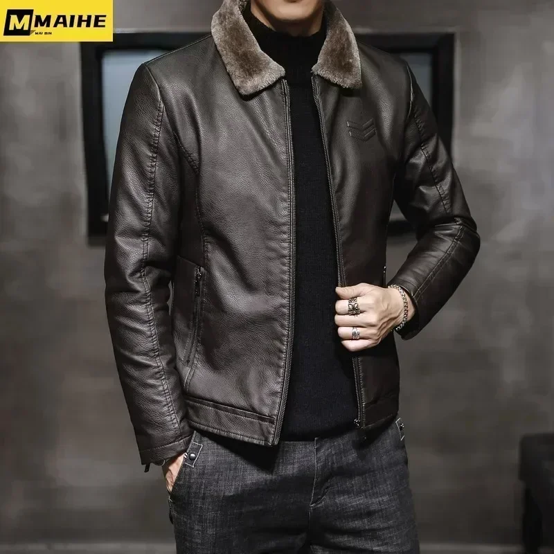 Vintage Brown Leather Jacket Men's Winter Faux Fur Collar