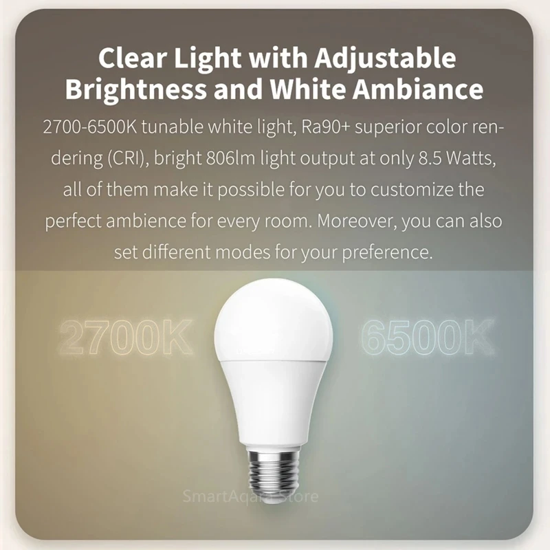 아카라 스마트 LED 전구 T1 조정 가능한 백색광 Zigbee 3.0 E27 6500K 220-240V 블루투스 스마트 홈 조명 (홈킷, 앨리스, 구글 알렉사 지원)