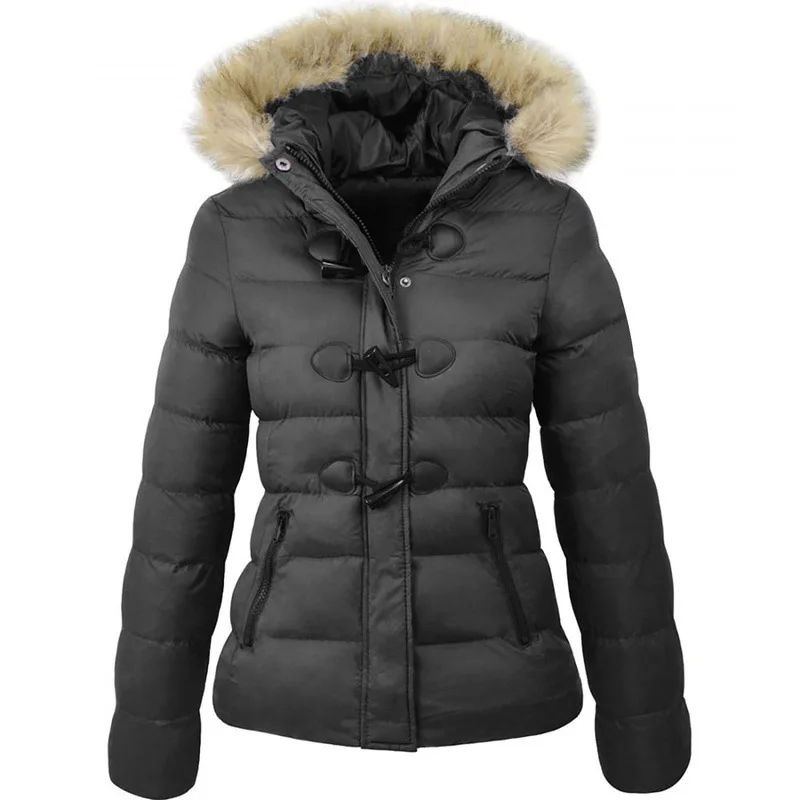 2024 New Winter Fashion Warm Hooded Fur Collar Womens casual Cotton Jacket Parkas Retro Horn Button Women Cotton Coats parka