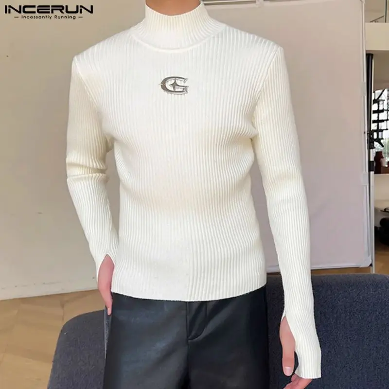

INCERUN Tops 2023 Korean Style New Men Half High Collar Thimble Pullover Casual Fashion Solid Knitted Long Sleeved Sweater S-5XL