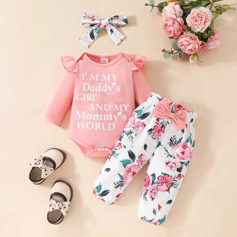 0 To18 Months Autumn Baby Girl Set Jumpsuit Clothes Long Sleeve Alphabet Bodysuit With Printed Pants Hairband SweeT 3-Piece Set