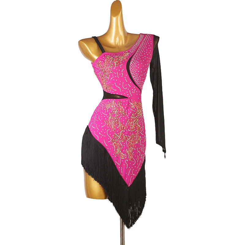 

Women Adult Tassels Latin Dancewear One Shoulder Mesh Diamond Professional Dress Rumba Cha Cha Gymnastics Leotard Costume