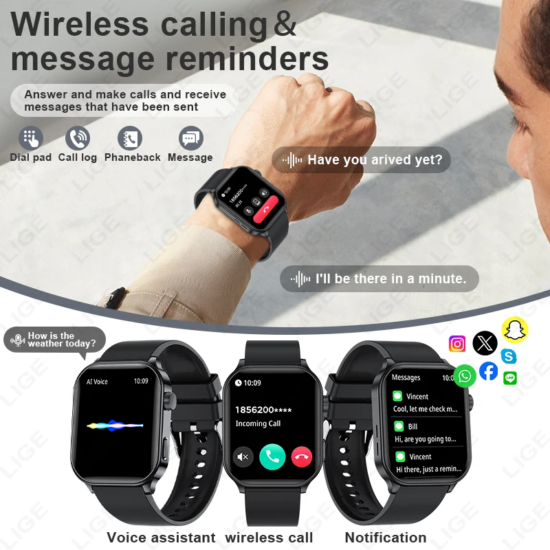 LIGE 2.01'' Smart Watch Men Women Heart Rate Health Monitor Sports Fitness Bluetooth Call IP68 Waterproof Alarm Clock Smartwatch