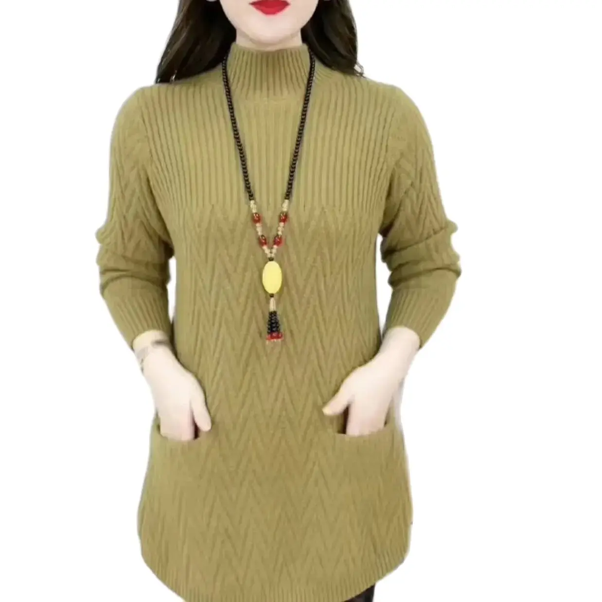 

2023 Fashion Mother Sweater Autumn And Winter New Semi-high Neck Long Bottoming Shirt Loose Solid Color Pocket Warm Top Woman