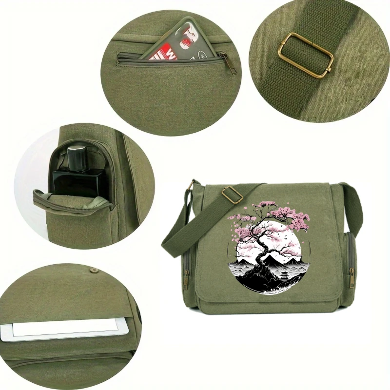 Vintage Women's Shoulder Bag Men's Crossbody Bag Canvas Messenger Bag Sakura Tree Large Capacity Laptop Bag