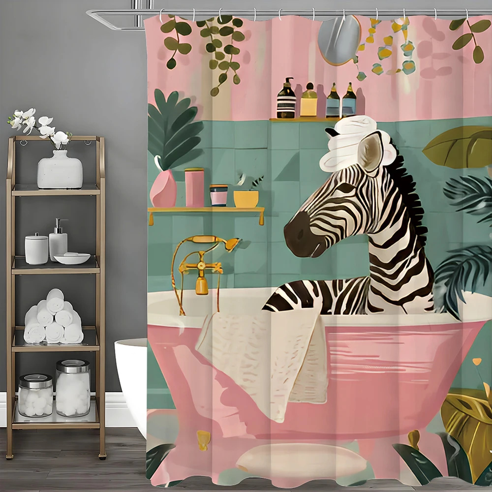 Bathroom Zebra Shower Curtain Floral Plants Pink Walls and Bathtub Green Tile Bathroom Decorative Shower Curtain Waterproof S,shower curtains