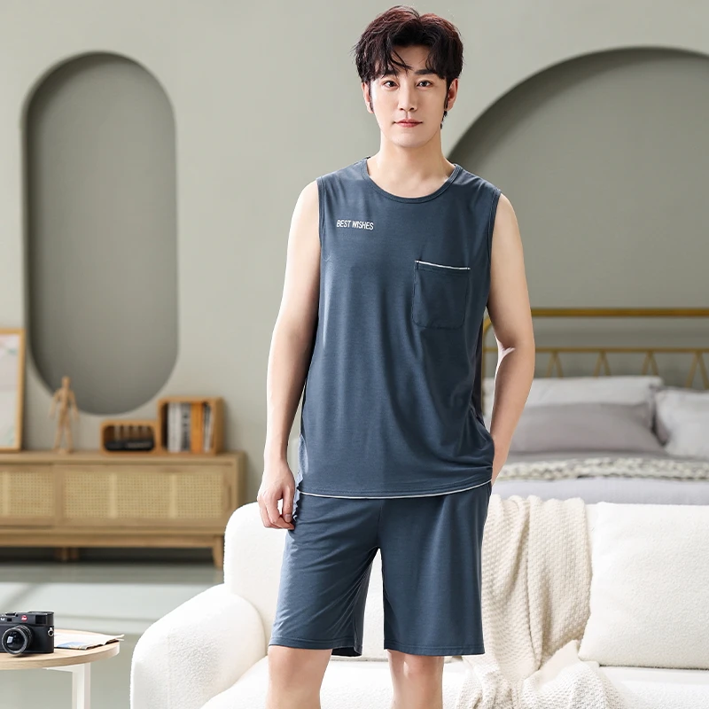 

New Summer Pyjamas Male Vest Tops+Shorts Pajama Set Letter Print Modal Pajamas For Men Sleepwear Suit Homewear Big Yards M-XXXXL