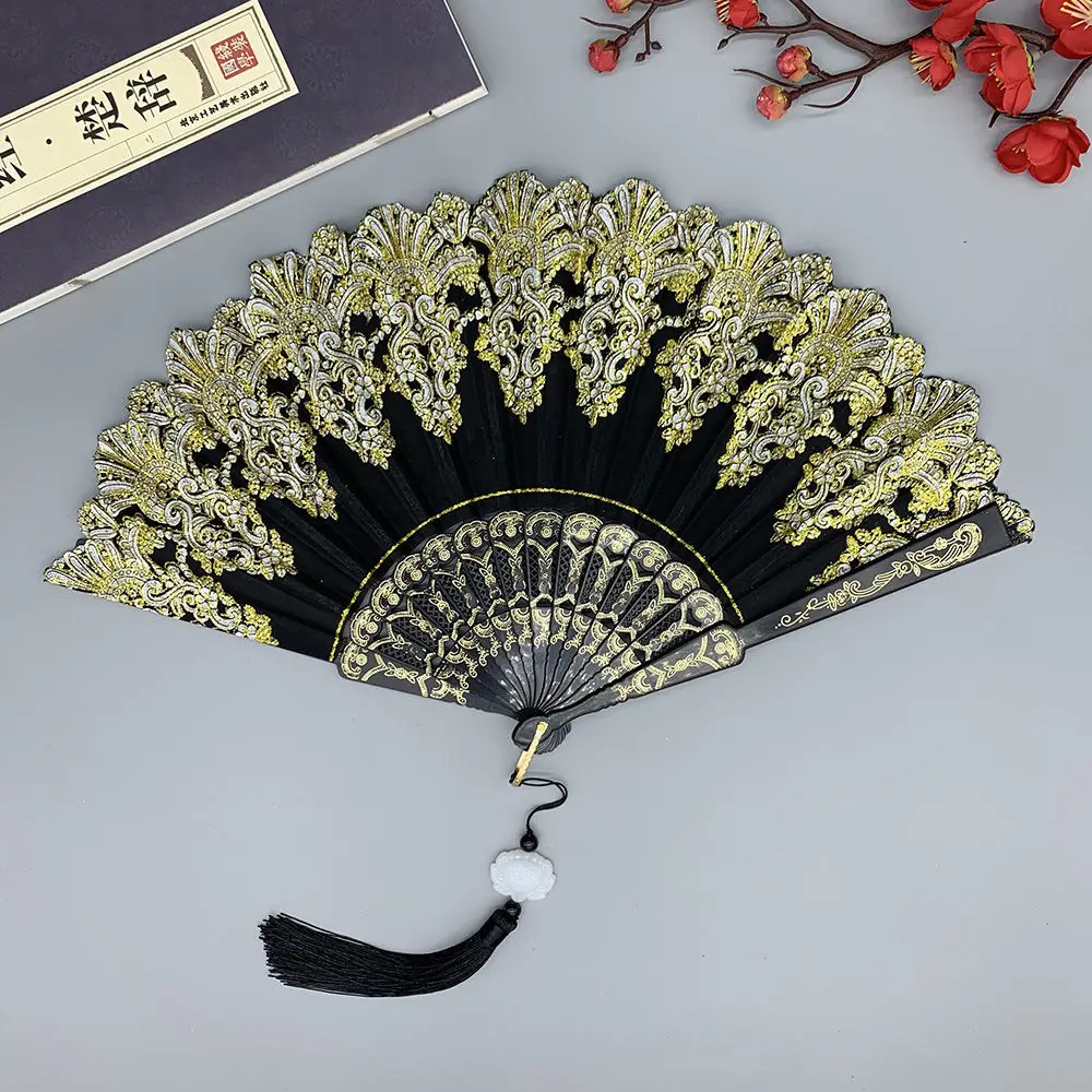 

Cheongsam Folding Fan Chinese Style Single Flower Plastic Fan Court Dance Hand Fan with Pendant Gift Wedding Party Decoration