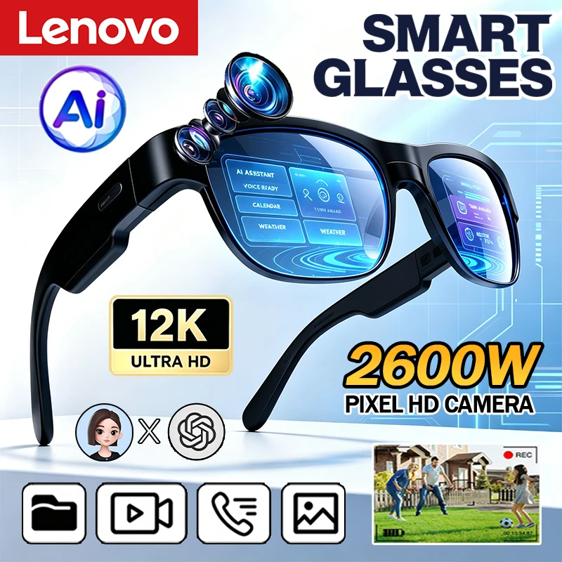 Lenovo 12K HD AI Smart Glasses AI Translation Hands-Free Calling AI Chat Logging Music Playback Smart Sunglasses for Men 2026