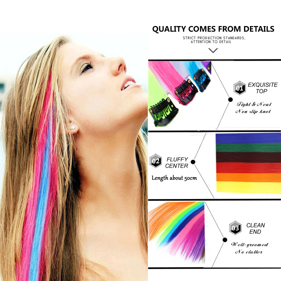 Straight Colored Clip In One Piece Hair Extensions 10 Packs 22inch Rainbow Color Synthetic Girls Fake False Clip on Hair Pieces hair extensions