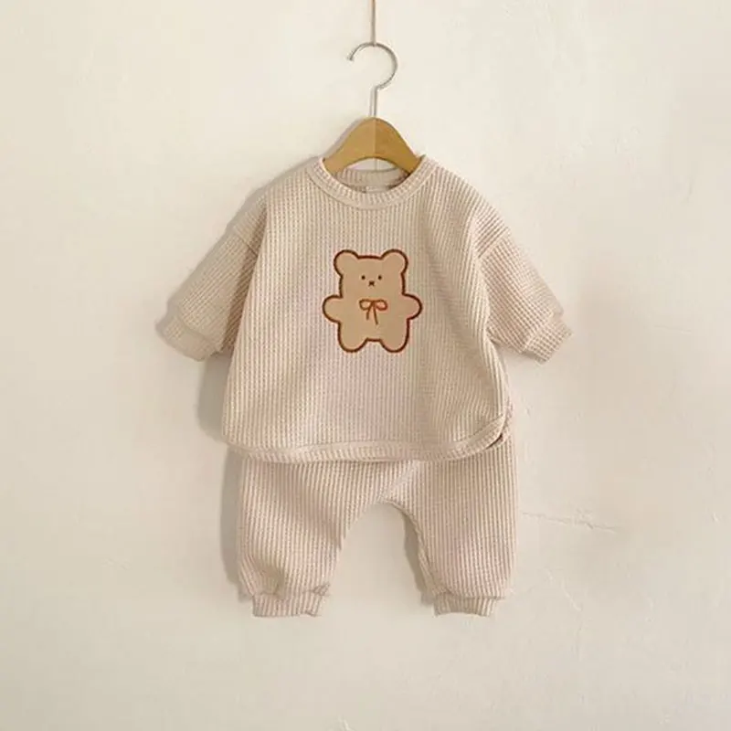 2022 New Children Casual Clothes Set Boys Girls Bear Sweatshirt + Pants 2pcs Suit Solid Color Cotton Kids Baby Outfits baby outfit matching set Baby Clothing Set