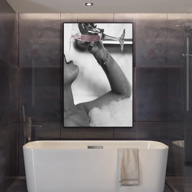 

Fashion Woman Drinking Rose Champagne In Bubble Bath Canvas Painting Poster Bathroom Wall Art Washroom Decoration Home Decor
