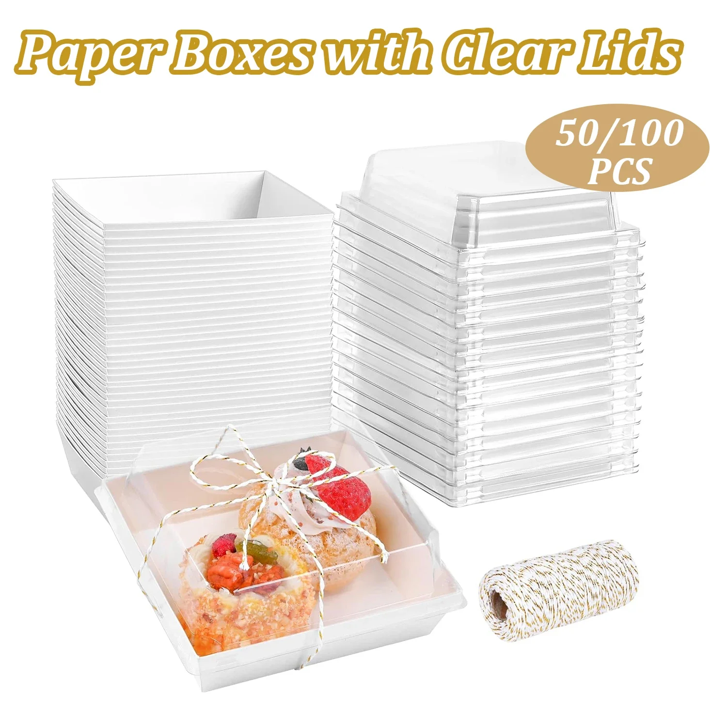Paper Charcuterie Boxes with Clear Lids 50PCS 4 Inches Square White Disposable Sandwich Boxes Dessert To Go Containers
