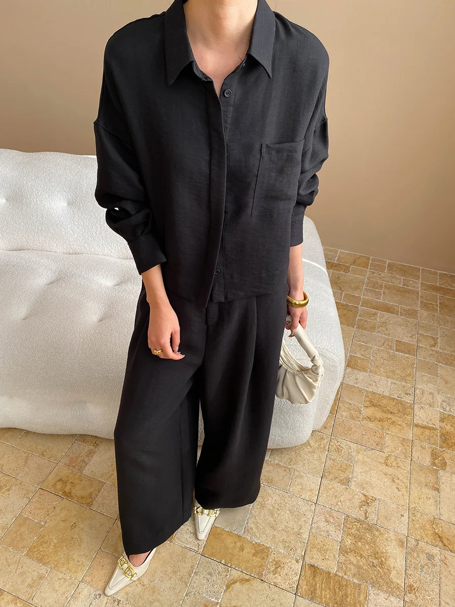 Spring and Autumn Women's Casual Solid Color Collar Long Sleeve Pocket Decoration Loose Shirt+High Waist Wide Leg Pants Set 6