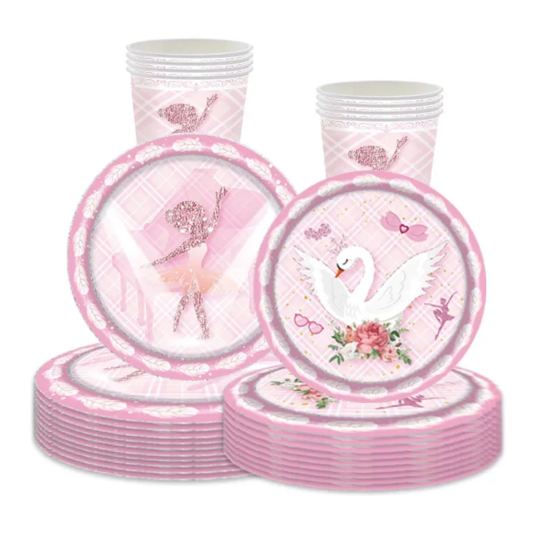 

10Guests Pink Ballet Girls Disposable Tableware Swan Crown Paper Dishes Cups Napkins Girls Happy Ballet Birthday Party Supplies