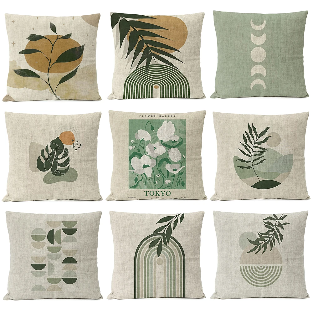 Boho 기하학 나뭇잎 꽃 베개 케이스, 홈 데코, 달, 태양 꽃, 린넨 던지기 쿠션 커버 장식, 소파 베개 케이스