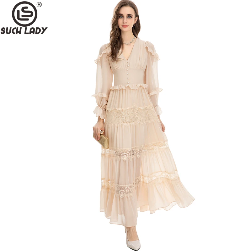 

Women's Runway Dresses Sexy V Neck Long Sleeves Embroidery Ruffles Elegant Fashion Designer Vestidos Prom