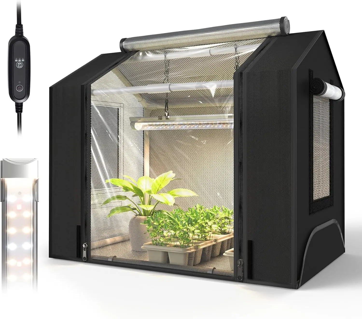 Indoor greenhouse setup showing tent and grow light