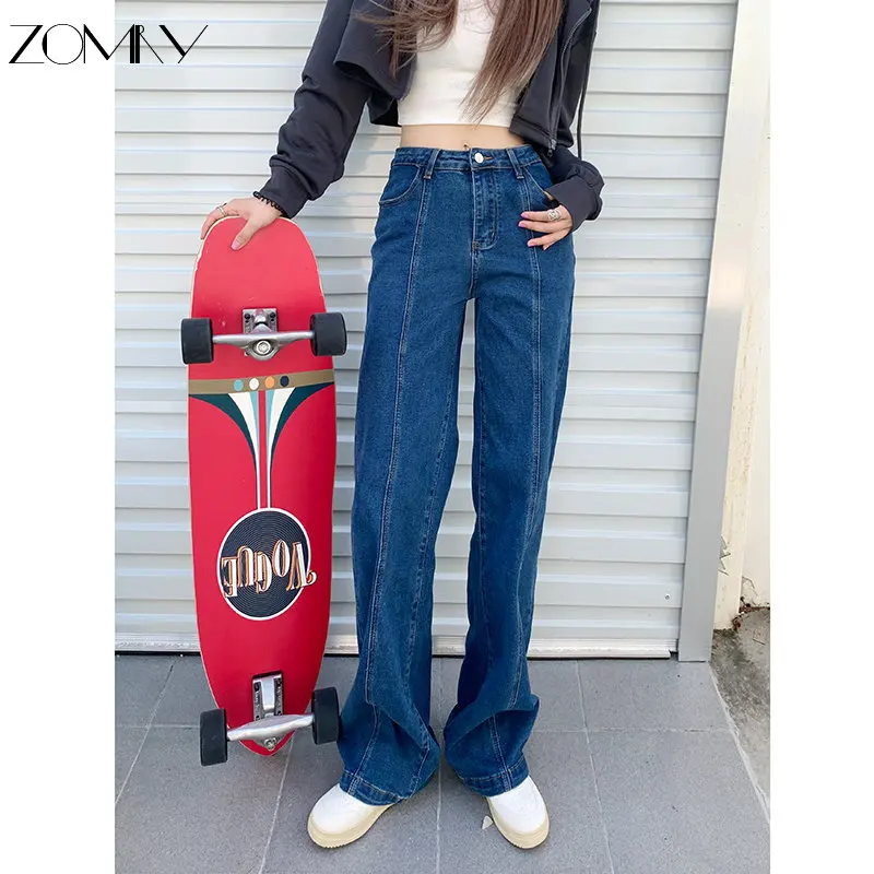 

ZOMRY Women's Straight Jeans Wide Leg Pants Mom Blue Loose Jeans Women's High Waist Lengthening 2022 Pantalones Spodnie Damskie