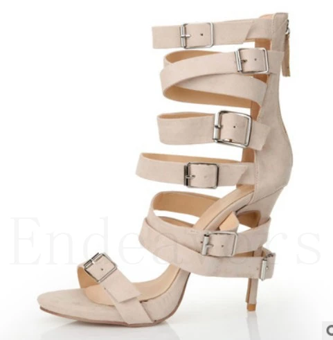 

Apricot Color Back Zipper Belt Buckle European and American Style Women's Roman Sandals Thin High Heels Woman Sandals Shoes