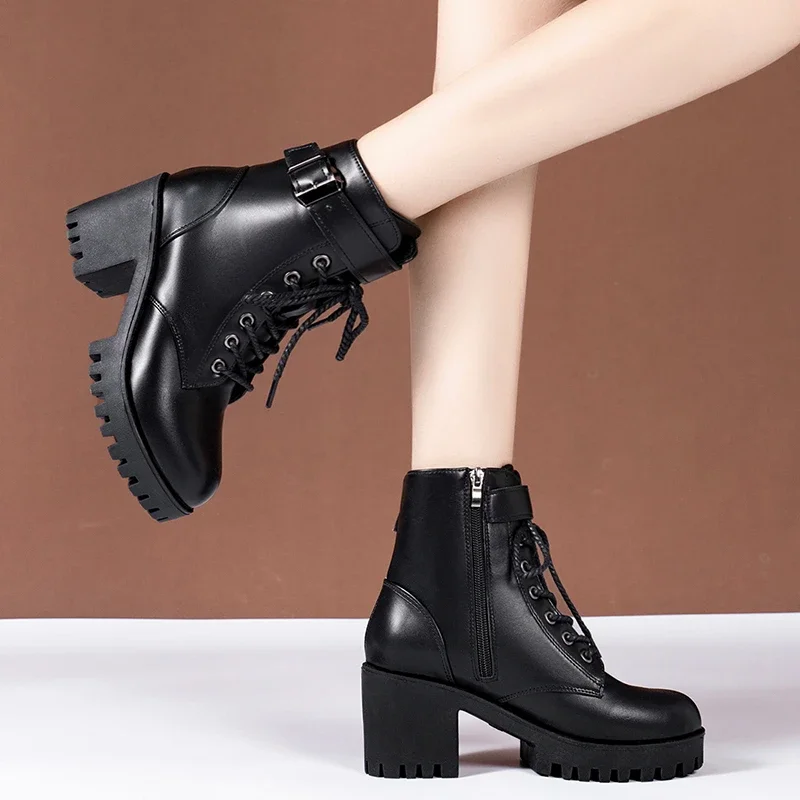 Women's Boots 2022 New Lace Up Boots for Women Fashion Knight Boots Women Round Head Chunky Heel Boots Female