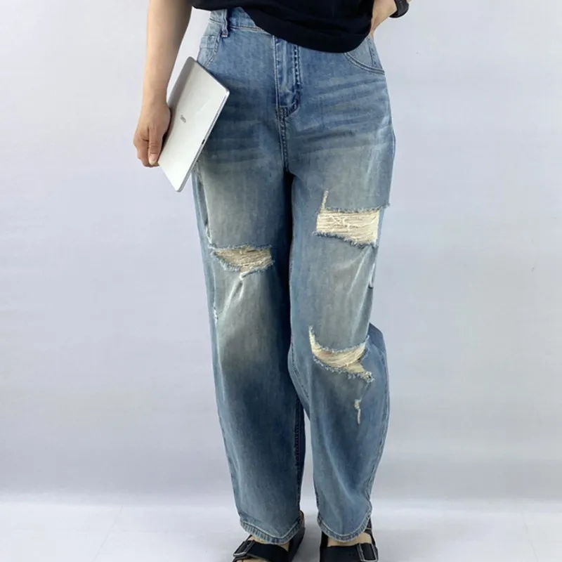 New Summer Plus Size Jeans Women's Wear 100KG Stylish Premium Ripped Holes Thin Denim Harem Pants 8358