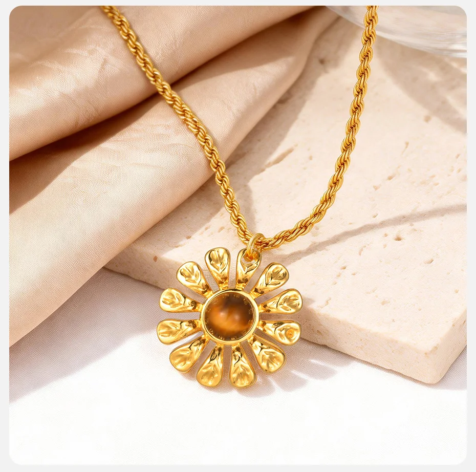 Vnox Trendige Goldfarbene Gedrehte Kette mit Blumen-Tigerauge-Anhänger, Edelstahl-Seilkette Anhänger-Schmuckzubehör – Detail 6