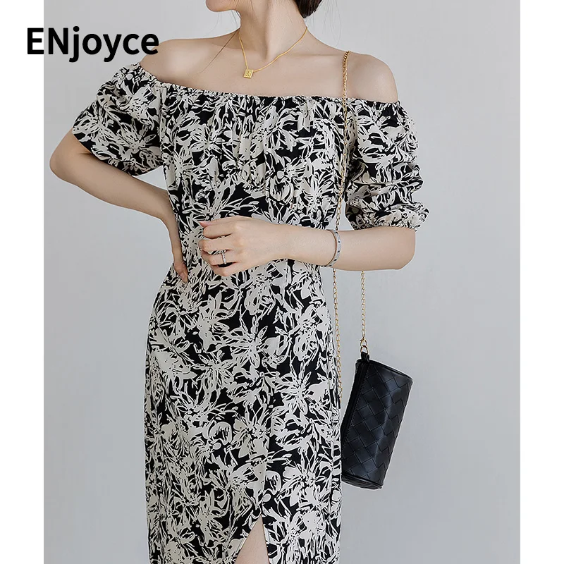

Summer Elegant Black Floral Printed Work Dress Fashion Shoulder Off Puff Sleeve Female Dresses Party Women's Dress Vestido 2022
