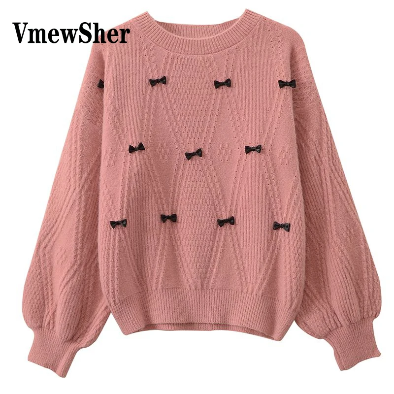 

VmewSher High Waist Women Short Sweater Fashion Autumn Winter Bow Decoration O Neck Knitted Pullovers Casual Plaid Jumper Tops
