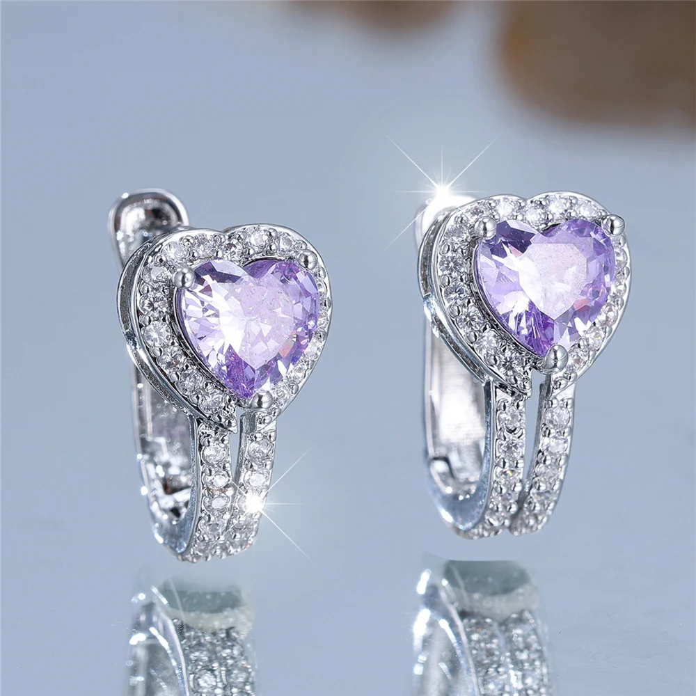 Charm Female Small Angel Purple Zircon Stone Heart Hoop Earrings Vintage Silver Color Simple Wedding Jewelry For Women