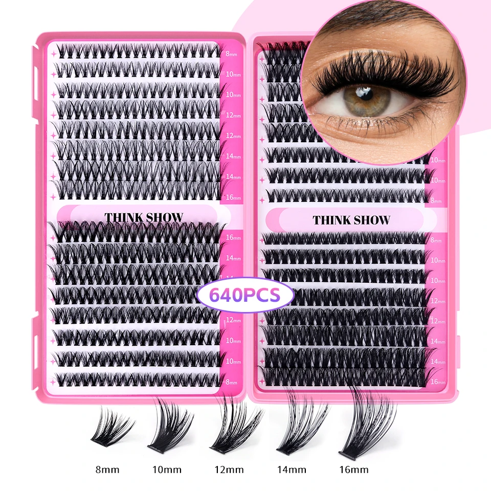 THINKSHOW DIY Lash Clusters Set Mixed Tray Lashes Kit Fluffy Individual Lashes Extension with Lash Bond and Seal At Home Makeup