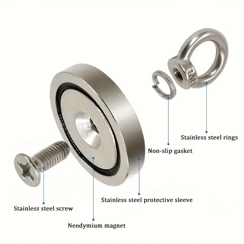 Aimants de pêche en néodyme, force de traction artérielle 573 (3.15 kg), aimant de terre rare avec seau, trou coulé, 2,2 à œil, diamètre 260 pouces, 80mm