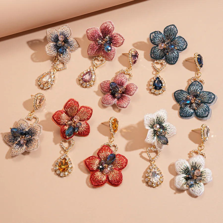 Retrofabricwithdiamonds,asymmetricalflowerwaterdrops,earrings,fashionableandeleganttemperament,high-endearringswomen-AliExpress36